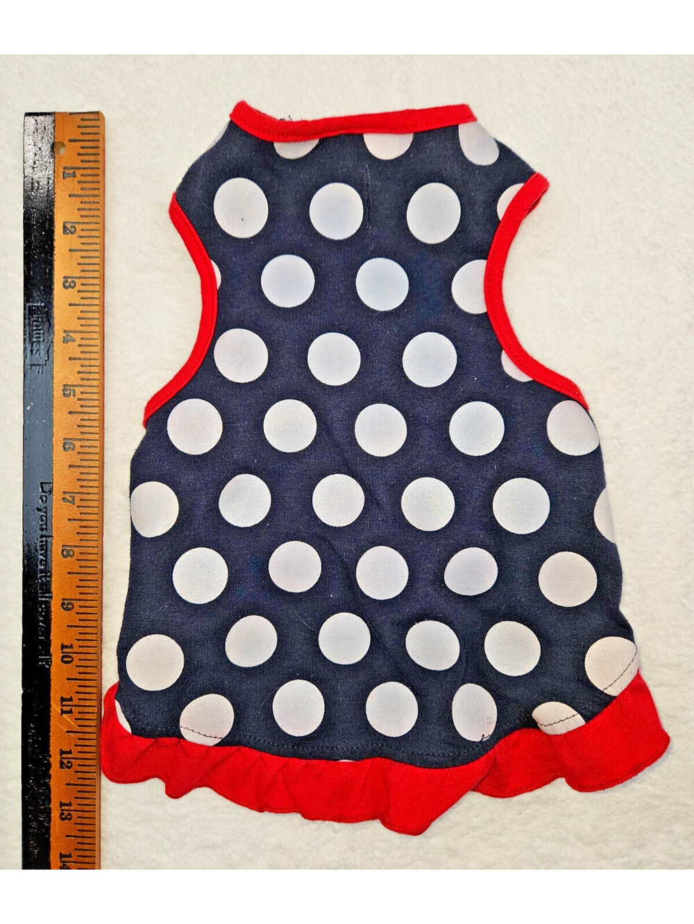 Bad To The Bone doggy-wear black with white polka dot and red ruffle trim size L